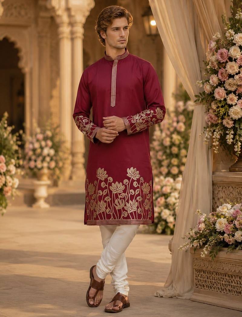 Red embroidered & sequence work silk blend straight kurta