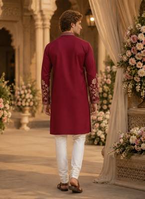 Red embroidered & sequence work silk blend straight kurta 2