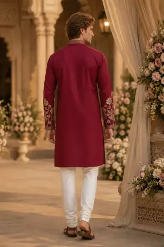 Red embroidered & sequence work silk blend straight kurta