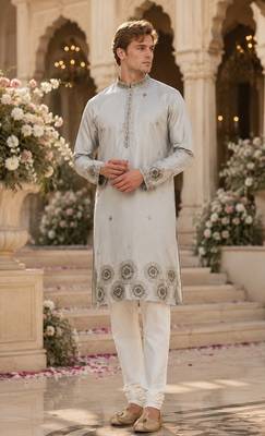 Light grey embroidered & sequence work silk blend straight kurta 1