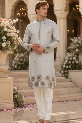 Light grey embroidered & sequence work silk blend straight kurta