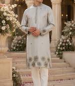 Light grey embroidered & sequence work silk blend straight kurta