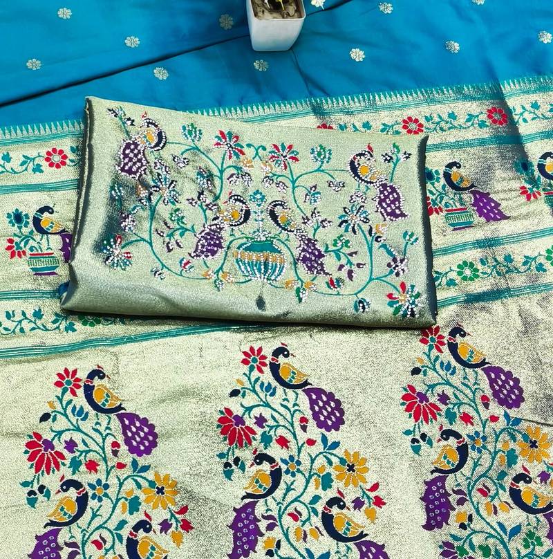 Rama zari woven paithani silk traditional saree with swarovski blouse piece