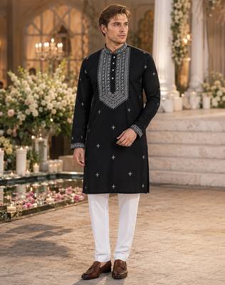 Black embroidered & sequence work silk blend straight kurta 1