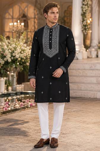 Black embroidered & sequence work silk blend straight kurta