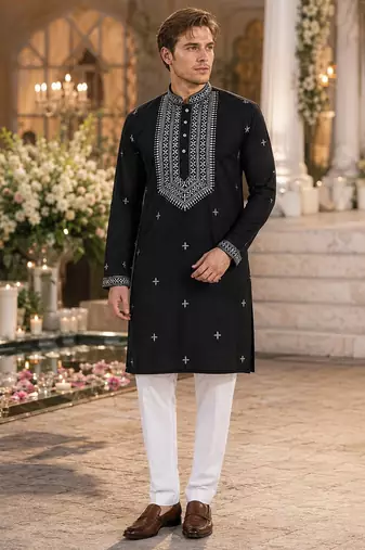 Black embroidered & sequence work silk blend straight kurta
