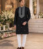 Black embroidered & sequence work silk blend straight kurta