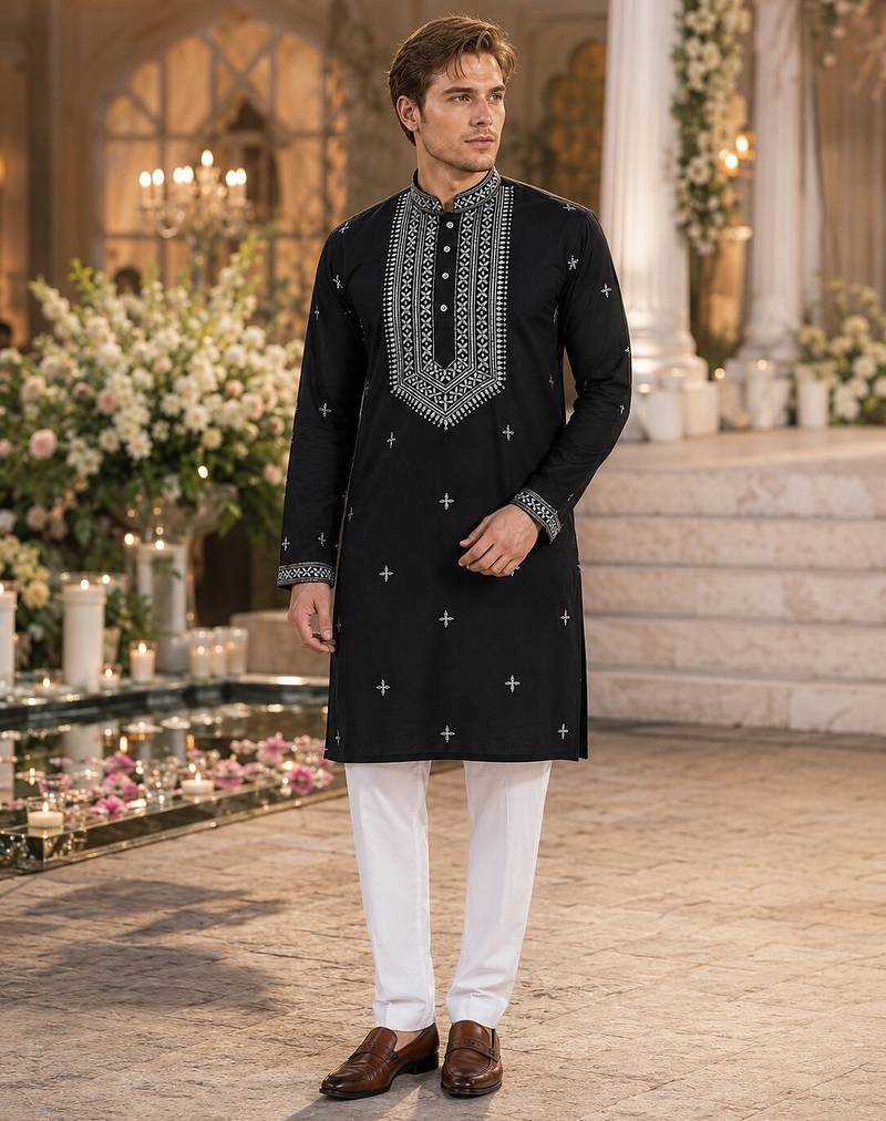 Black embroidered & sequence work silk blend straight kurta