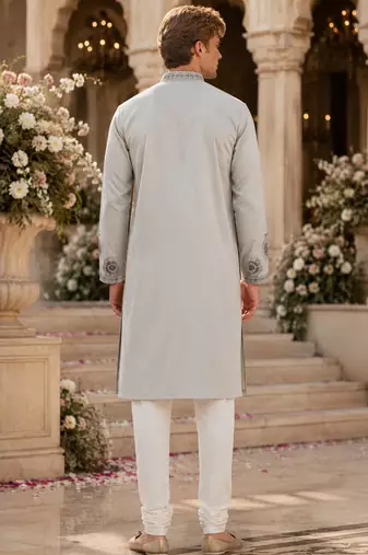 Light grey embroidered & sequence work silk blend straight kurta