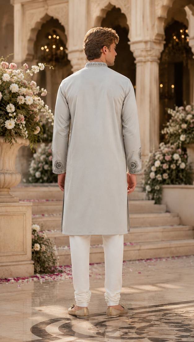 Light grey embroidered & sequence work silk blend straight kurta