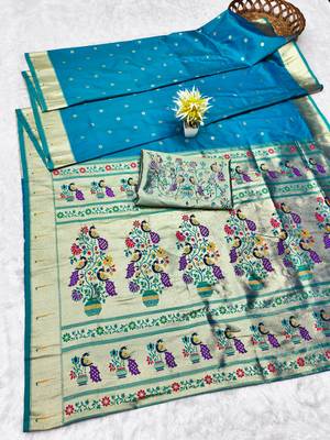 Rama zari woven paithani silk traditional saree with swarovski blouse piece 5