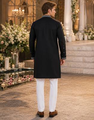 Black embroidered & sequence work silk blend straight kurta 2