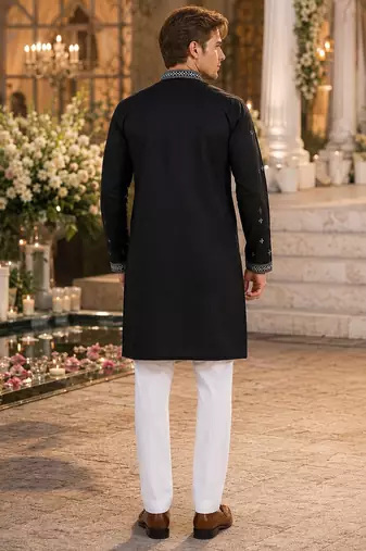Black embroidered & sequence work silk blend straight kurta