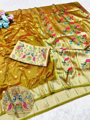 Gold zari woven paithani silk traditional saree with swarovski blouse piece 1