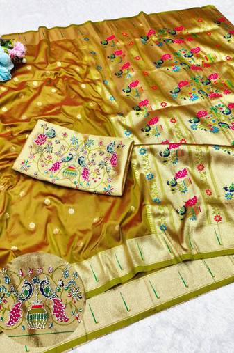 Gold zari woven paithani silk traditional saree with swarovski blouse piece