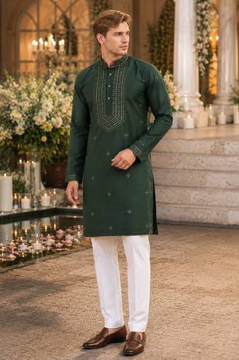 Green embroidered & sequence work silk blend straight kurta