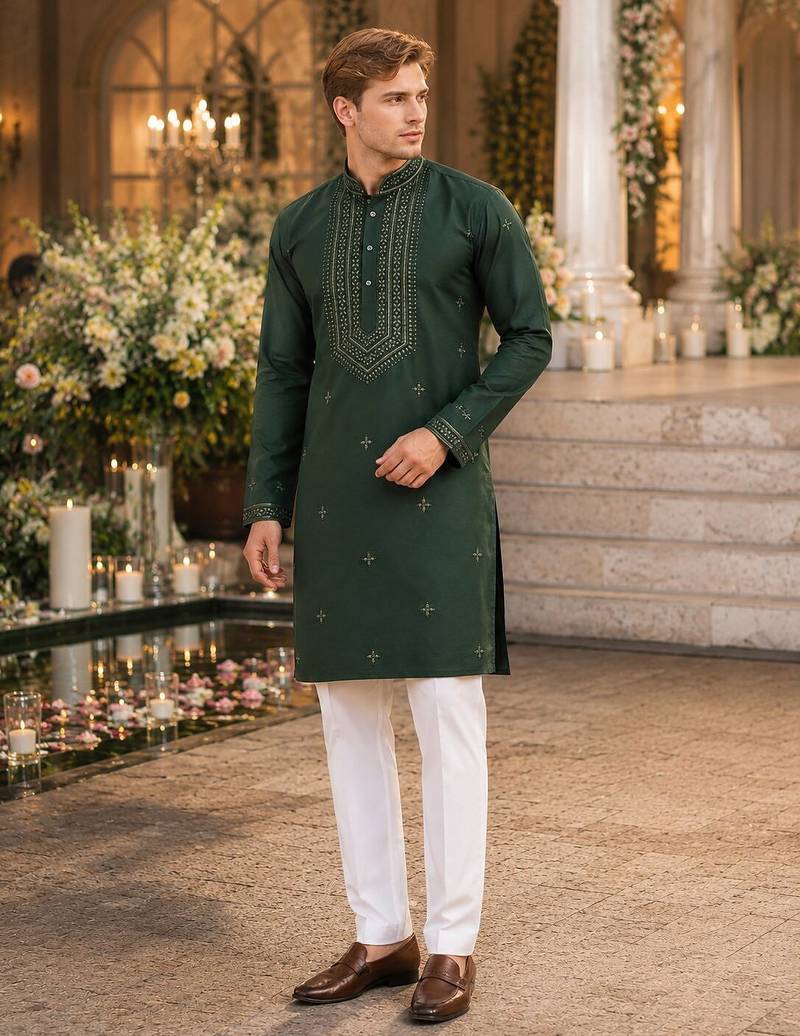 Green embroidered & sequence work silk blend straight kurta