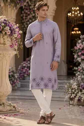 Lavender embroidered & sequence work silk blend straight kurta