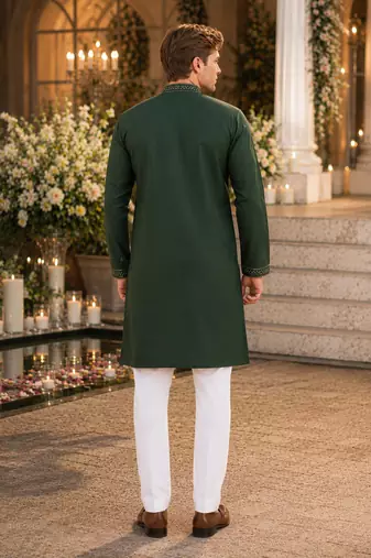 Green embroidered & sequence work silk blend straight kurta