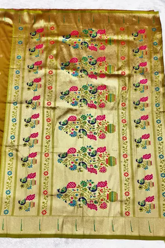 Gold zari woven paithani silk traditional saree with swarovski blouse piece