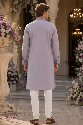 Lavender embroidered & sequence work silk blend straight kurta
