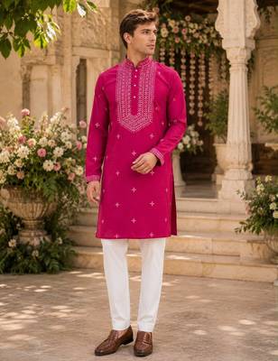 Pink embroidered & sequence work silk blend straight kurta 1