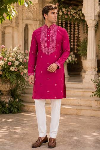 Pink embroidered & sequence work silk blend straight kurta