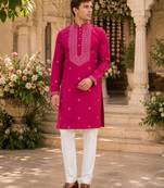 Pink embroidered & sequence work silk blend straight kurta