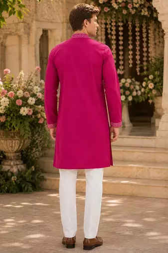 Pink embroidered & sequence work silk blend straight kurta