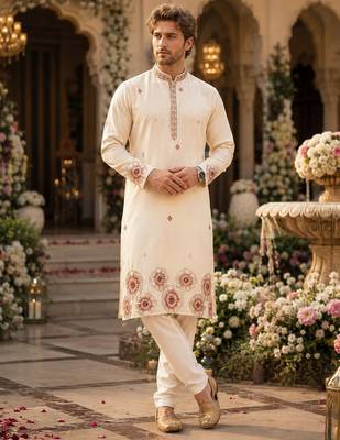 Cream embroidered & sequence work silk blend straight kurta 1