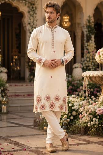 Cream embroidered & sequence work silk blend straight kurta