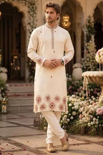 Cream embroidered & sequence work silk blend straight kurta