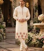 Cream embroidered & sequence work silk blend straight kurta