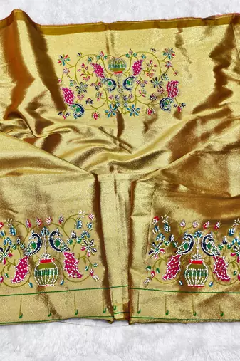 Gold zari woven paithani silk traditional saree with swarovski blouse piece