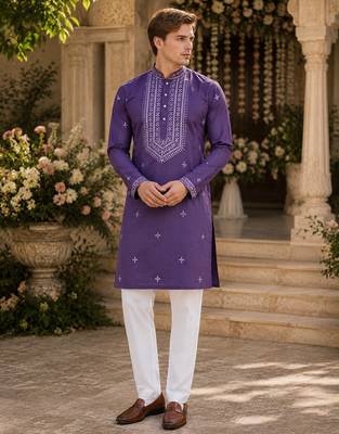 Purple embroidered & sequence work silk blend straight kurta 1