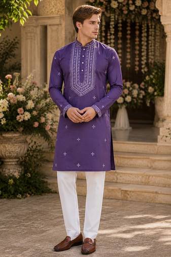 Purple embroidered & sequence work silk blend straight kurta