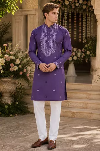 Purple embroidered & sequence work silk blend straight kurta