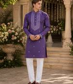 Purple embroidered & sequence work silk blend straight kurta