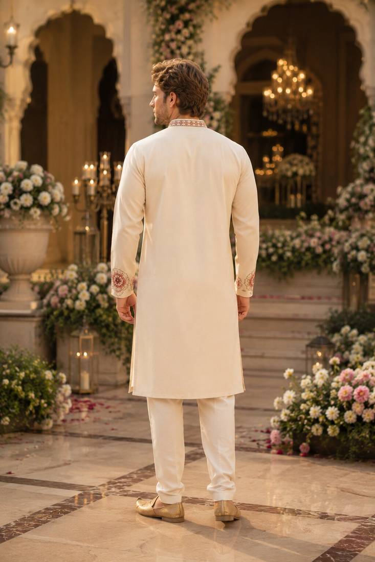 Cream embroidered & sequence work silk blend straight kurta