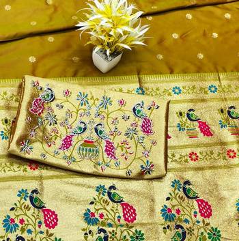 Gold zari woven paithani silk traditional saree with swarovski blouse piece 4
