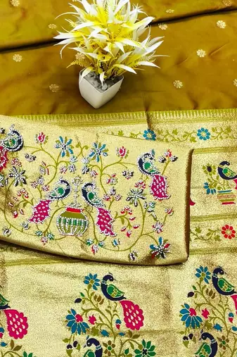 Gold zari woven paithani silk traditional saree with swarovski blouse piece