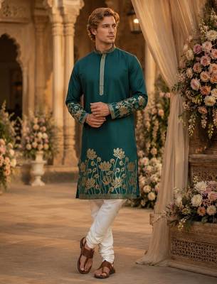 Teal embroidered & sequence work silk blend straight kurta 1