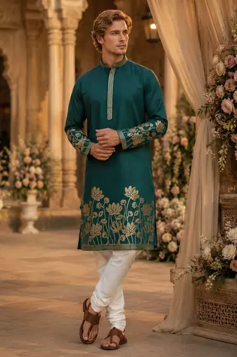 Teal embroidered & sequence work silk straight kurta