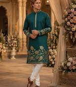 Teal embroidered & sequence work silk blend straight kurta