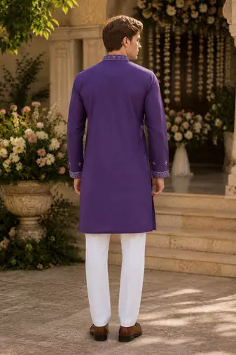 Purple embroidered & sequence work silk blend straight kurta