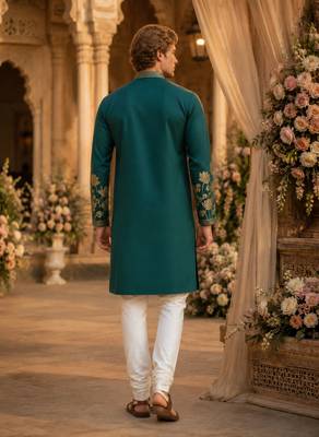 Teal embroidered & sequence work silk blend straight kurta 2