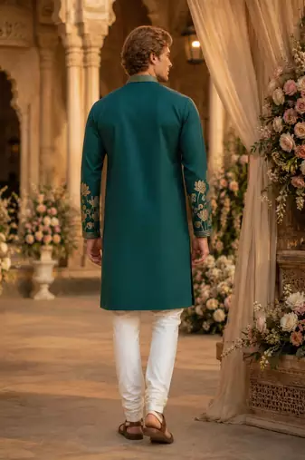 Teal embroidered & sequence work silk straight kurta
