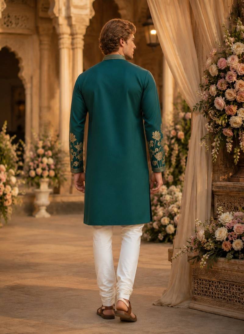 Teal embroidered & sequence work silk blend straight kurta