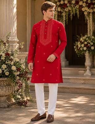 Red embroidered & sequence work silk blend straight kurta 1