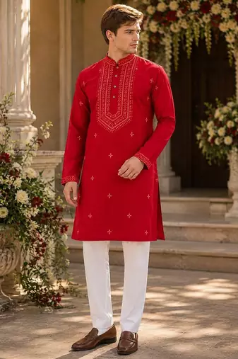 Red embroidered & sequence work silk blend straight kurta